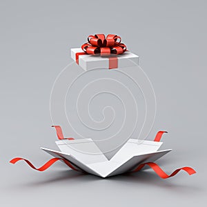 Blank white present box open or opened gift box with red ribbons and bow on white grey background with shadow minimal