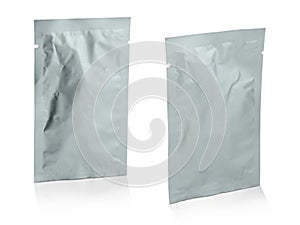 Blank white product packaging on white background.