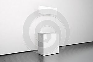 Blank white promo counter mockup stand near the wall, side