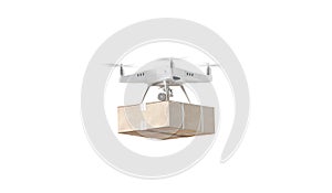 Blank white quadrocopter with box mockup, flying isolated, side view