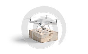 Blank white quadrocopter with box mockup, stand isolated, side view