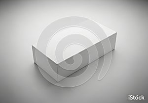 A blank white rectangular box sits on a textured white background isolated on white background