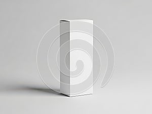 A blank white rectangular box standing upright on a plain grey background with subtle shadow