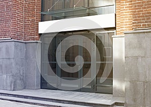 Blank white rectangular box store entrance mockup, glass brick wall