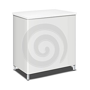 Blank white rectangular portable exhibition counter with metal legs mockup. Trade show promotional table display stand