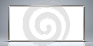 A blank white rectangular sign with a thin silver border on a light gray background