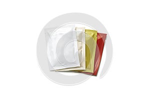 Blank white, red, beige and yellow sachet packet stack mockup