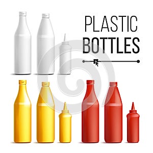 Blank White, Red, Yellow Plastic Bottles Vector. 3D Realistic Blank. Plastic Red Tomato, Mustard, Sauce, Mayonnaise