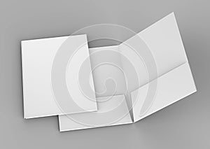 Blank white reinforced pocket folders on grey background for mock up. 3D rendering.