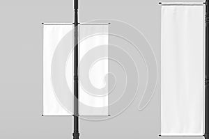 Blank white roll up mockup. Empty poster template on lamppost on white background. Street sign, signage, 3d rendering.