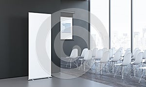 Blank white roll up next to meeting room in modern office, 3d rendering