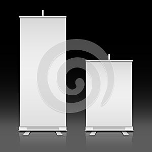 Blank white roll up standing vector banners set