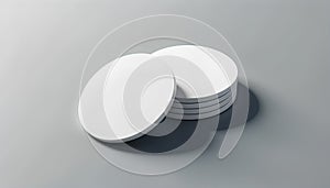 Blank white round beer coasters stack mockup on textured surface.