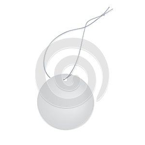 Blank white round clothing label with hanging string realistic vector mockup. Empty paper circle price tag mock-up