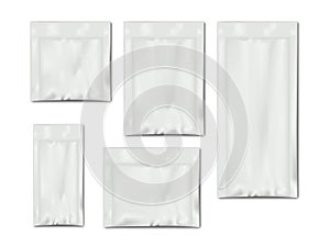 Blank white sachet packet set. Plastic, paper or foil pouch bag. Food, medical or cosmetic product individual package mock-up