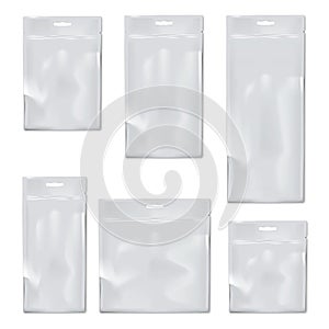 Blank white sachet packet. Vector mockup set. Plastic pouch with euro slot, zip lock and tear notches. Package kit mockup