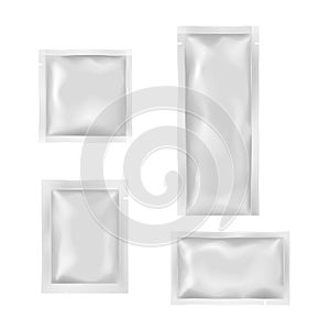 Blank white sachets for wet wipes, sauces or spices, easy tear sealed, rectangular plastic packages