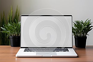 Blank white screen with laptop computer mockup isolated on office desk background