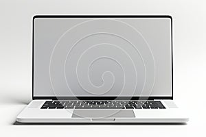 Blank white screen with laptop computer mockup isolated on office desk background