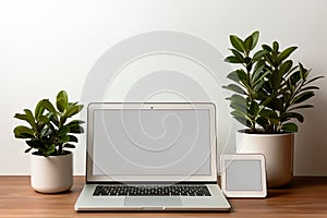 Blank white screen with laptop computer mockup isolated on office desk background