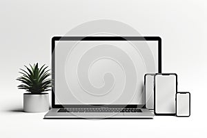 Blank white screen with laptop computer mockup isolated on office desk background