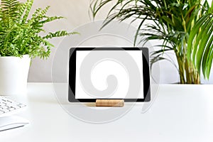 Blank white screen on portable tablet device on modern office desk