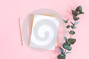 Blank white sheet on spiral golden notepad with paper clip heart, pencil and green branch of eucalyptus on pink pastel background
