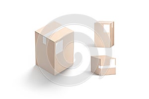 Blank white shipping label on craft box mockup, different sides
