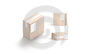 Blank white shipping label on craft box mockup, different sides