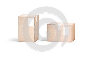 Blank white shipping label on craft box mockup, front view