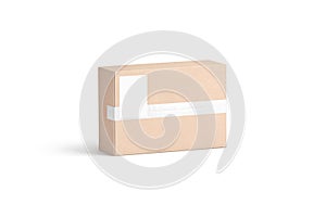 Blank white shipping label on craft box mockup, half-turned view