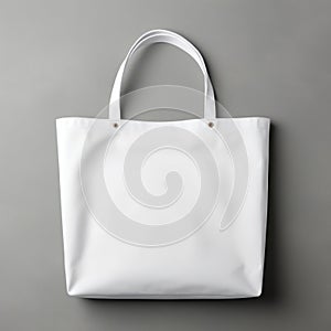 Blank White Shopping Tote Bag Mock-Up On Grey Background. Eco-Friendly White Fabric Bag For Brand Mockup. Generative AI