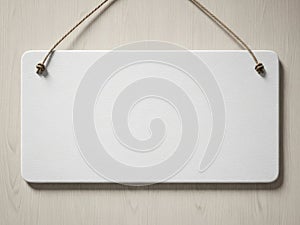 Blank white sign hanging on a wooden wall with a string