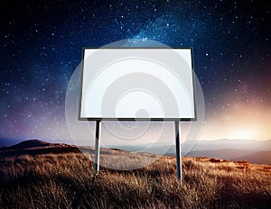 Blank white sign with outer space background