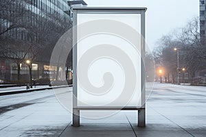 Blank white signboard on the street. 3d rendering, Vertical blank white billboard at a bus stop on a city street, AI Generated
