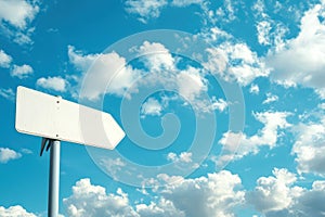 Blank white signpost against blue sky with clouds photo