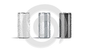 Blank white, silver, black 280 ml soda can with drops mockup