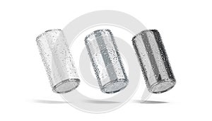 Blank white, silver, black 280 ml soda can with drops mockup