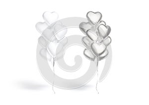 Blank white and silver heart balloon bouquet mockup, front view