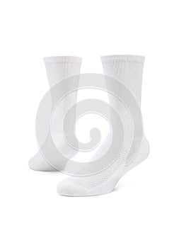 Blank white socks design mockup, isolated, clipping path. Pair sport crew cotton sock wear mock up. Long clear soft cloth stand