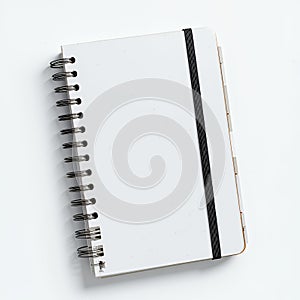 Blank White Spiral Notebook with Black Elastic Band on White Background