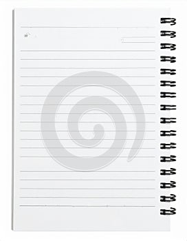 Blank White Spiral Notebook with Lined Pages on White Paper Stationery Background