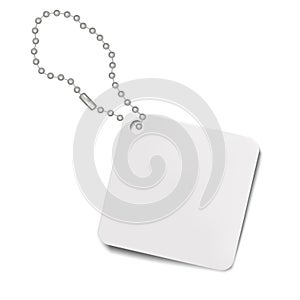 Blank white square clothing label on chain realistic vector mockup. Empty price tag with hanging metal ball string mock-up