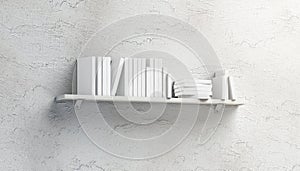 Blank white stack of books mockups on shelf mounted