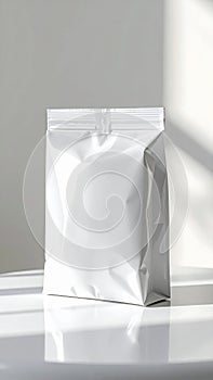 Blank White Stand Up Pouch Packaging Mockup with Subtle Shadow on White Surface