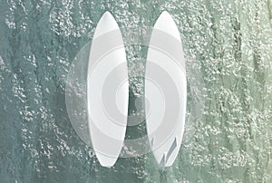 Blank white surfboard on water surface mockup, font and back