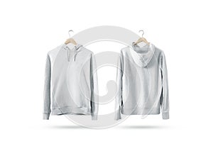 Blank white sweatshirt mockup set hanging on wooden hanger