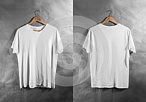 Blank white t-shirt front back side view hanger, design mockup