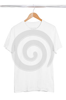 Blank white t-shirt on hanger isolated on white background photo