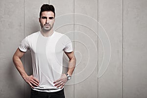 Blank white t-shirt on man`s body